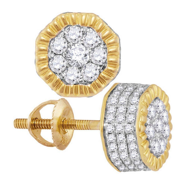 10K Yellow Gold Mens Round Diamond Fluted Hexagon Cluster Stud Earrings 1/2 Cttw - Gold Americas