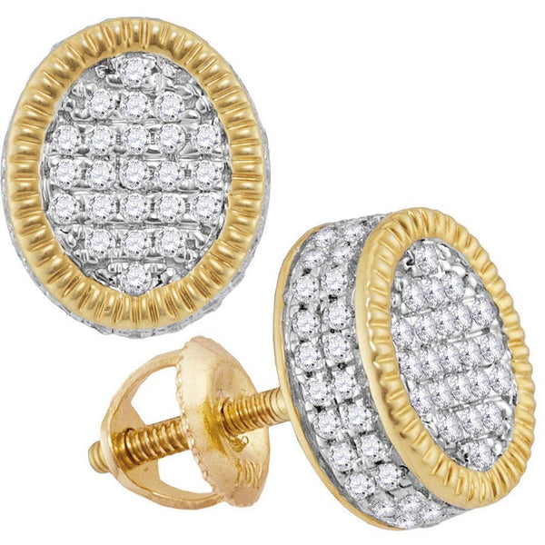 10K Yellow Gold Mens Round Diamond Fluted Oval Cluster Stud Earrings 7/8 Cttw - Gold Americas