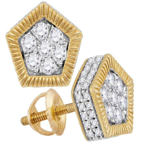 10K Yellow Gold Mens Round Diamond Polygon Fluted Cluster Stud Earrings 3/4 Cttw - Gold Americas
