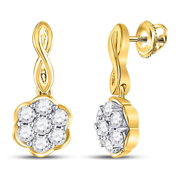 10K Yellow Gold Round Diamond Flower Cluster Dangle Earrings 1/2 Cttw - Gold Americas