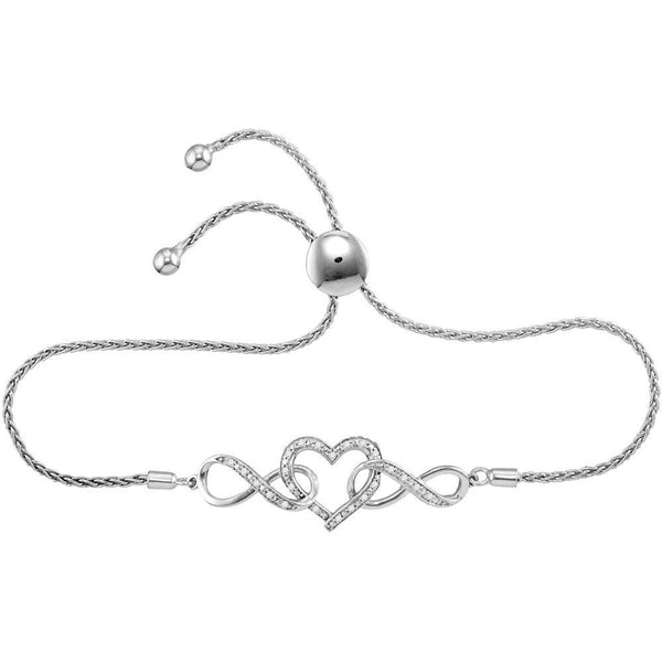 Sterling Silver Diamond Infinity Heart Bolo Bracelet 1/6 Cttw