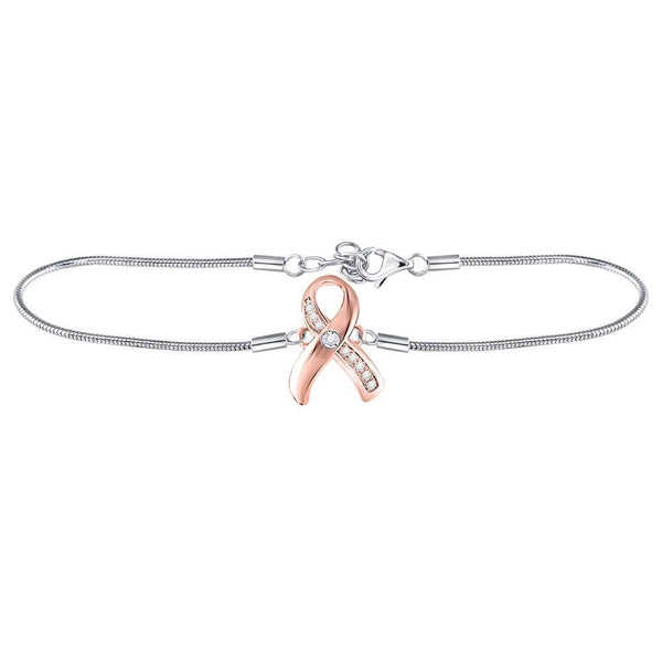 Sterling Silver Diamond Pink Awareness Ribbon Fashion Bracelet 1/20 Cttw