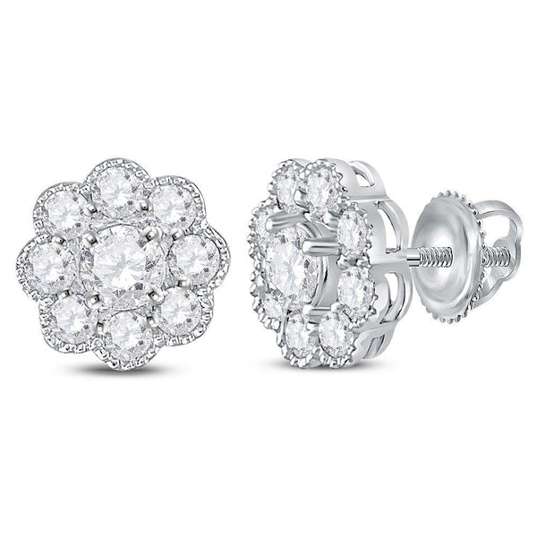 14K White Gold Round Diamond Flower Cluster Stud Earrings 1.00 Cttw - Gold Americas
