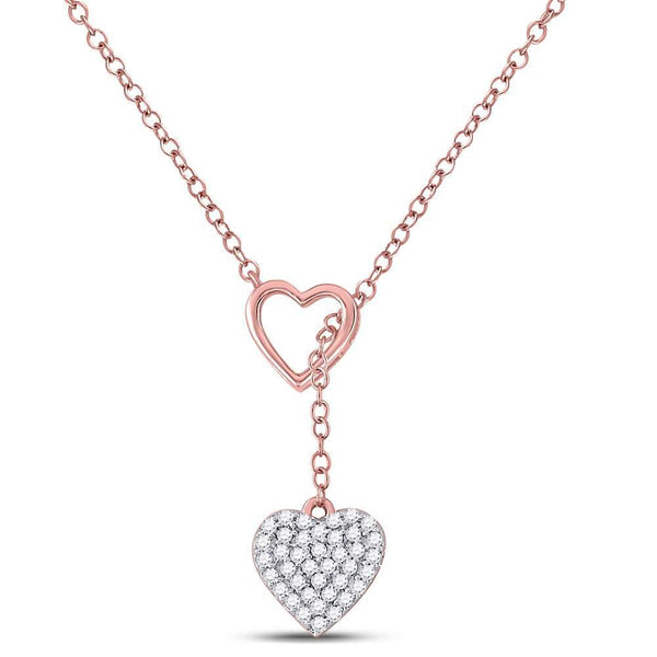 14K Rose Gold Womens Round Diamond Heart Dangle Pendant Necklace 1/6 Cttw