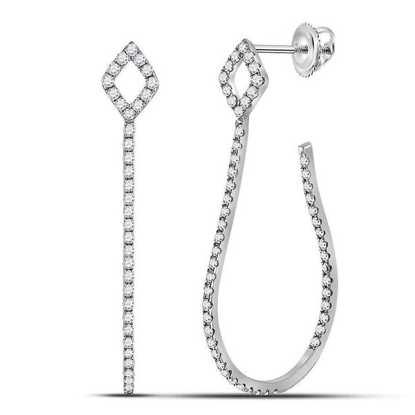 14K White Gold Round Diamond Slender Hook Hoop Earrings 5/8 Cttw - Gold Americas