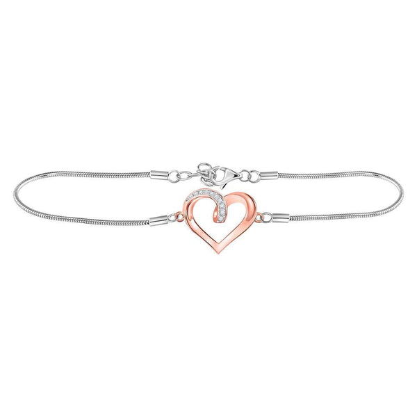 Sterling Silver Diamond Rose-tone Heart Bracelet 1/12 Cttw