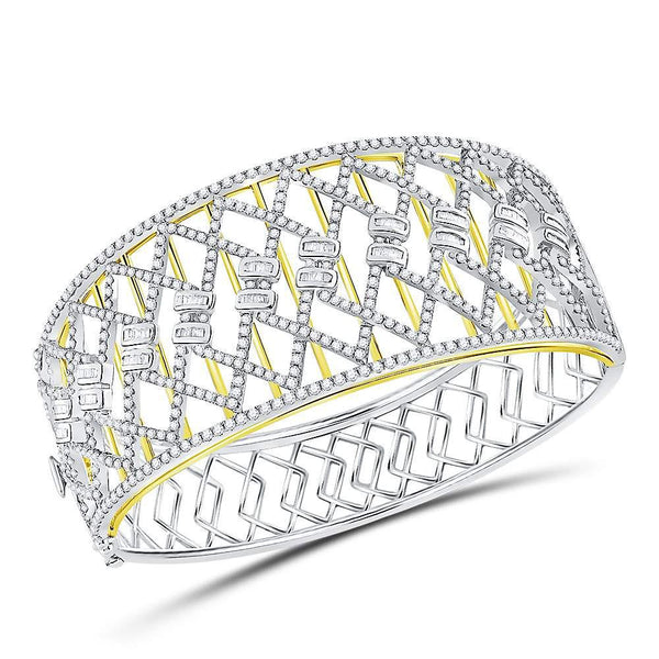 14K Two-tone Gold Round Baguette Diamond Zigzag Bangle Bracelet 4-1/2 Cttw