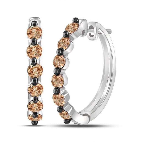 10K White Gold Round Brown Color Enhanced Diamond Hoop Earrings 1.00 Cttw - Gold Americas