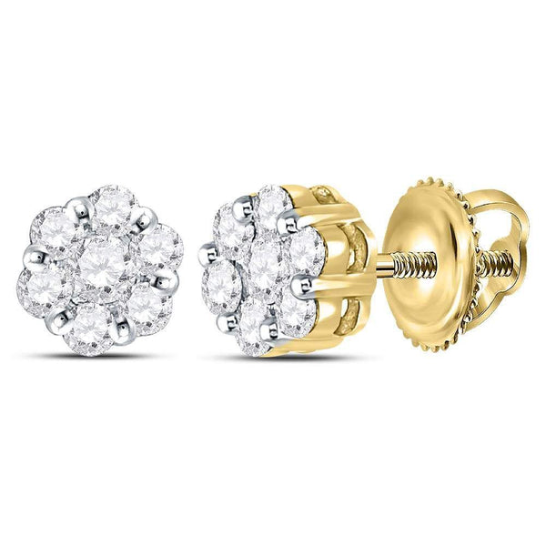 14K Yellow Gold Round Diamond Flower Cluster Earrings 3/4 Cttw - Gold Americas