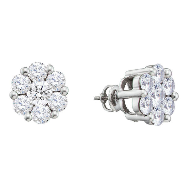 14K White Gold Round Diamond Flower Cluster Screwback Stud Earrings 2.00 Cttw - Gold Americas