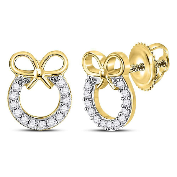 10K Yellow Gold Round Diamond Circle Bow Ribbon Fashion Earrings 1/10 Cttw