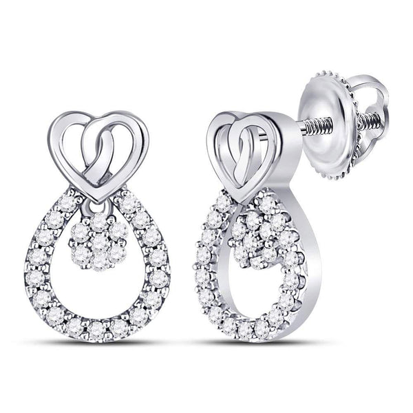 10K White Gold Round Diamond Heart Teardrop Dangle Stud Earrings 1/6 Cttw