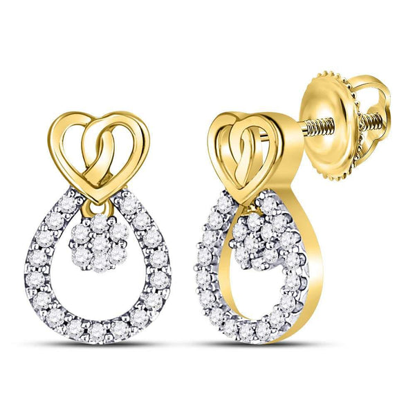 10K Yellow Gold Round Diamond Heart Teardrop Dangle Stud Earrings 1/6 Cttw