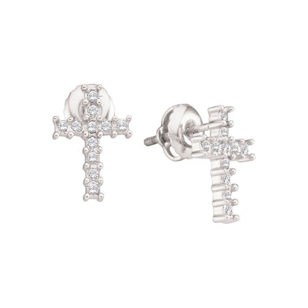 10K White Gold Round Diamond Roman Cross Religious Stud Earrings 1/10 Cttw - Gold Americas