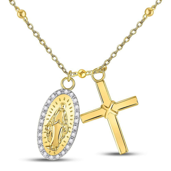 Yellow-tone Sterling Silver Womens Round Diamond Guadalupe Cross Rosary Necklace 1/10 Cttw