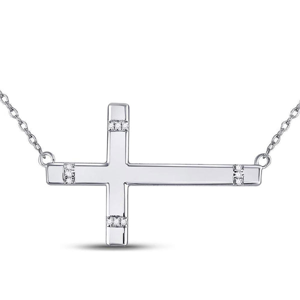 Sterling Silver Womens Round Diamond Horizontal Cross Sideways Necklace 1/20 Cttw