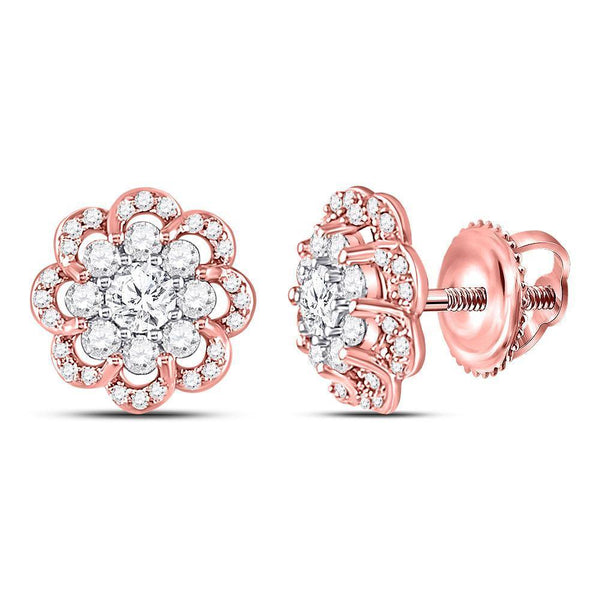14K Two-tone Gold Round Diamond Flower Cluster Stud Earrings 1.00 Cttw - Gold Americas