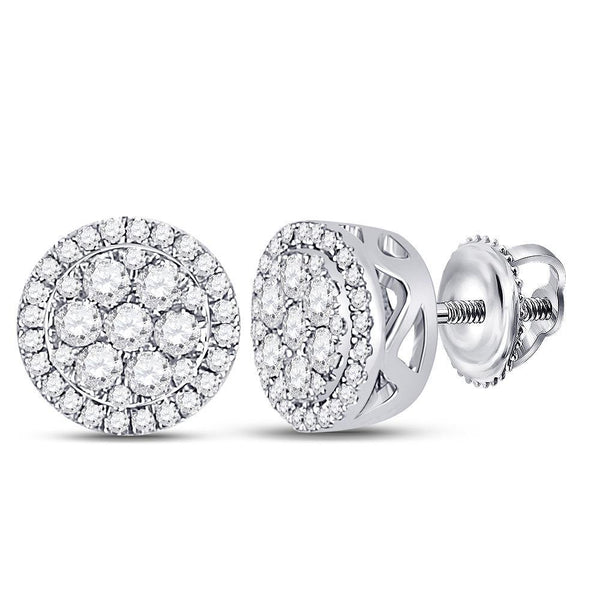 10K White Gold Round Diamond Circle Frame Flower Cluster Earrings 3/8 Cttw - Gold Americas