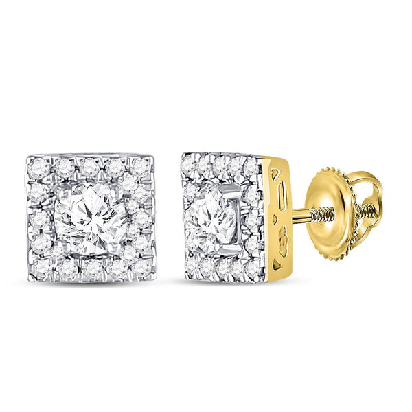 10K Yellow Gold Round Diamond Square Frame Stud Earrings 3/4 Cttw