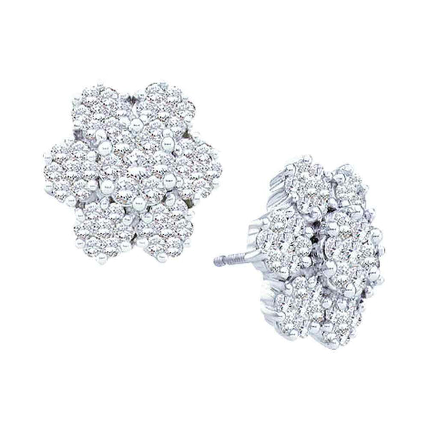 14K White Gold Round Diamond Large Flower Cluster Screwback Earrings 4.00 Cttw - Gold Americas