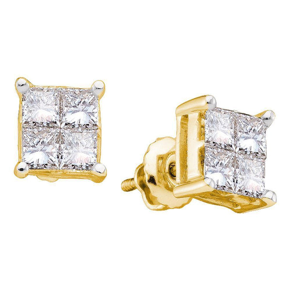14K Yellow Gold Princess Diamond Square Cluster Stud Earrings 1.00 Cttw - Gold Americas