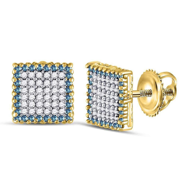 10K Yellow Gold Mens Round Blue Color Enhanced Diamond Square Cluster Earrings 1.00 Cttw - Gold Americas