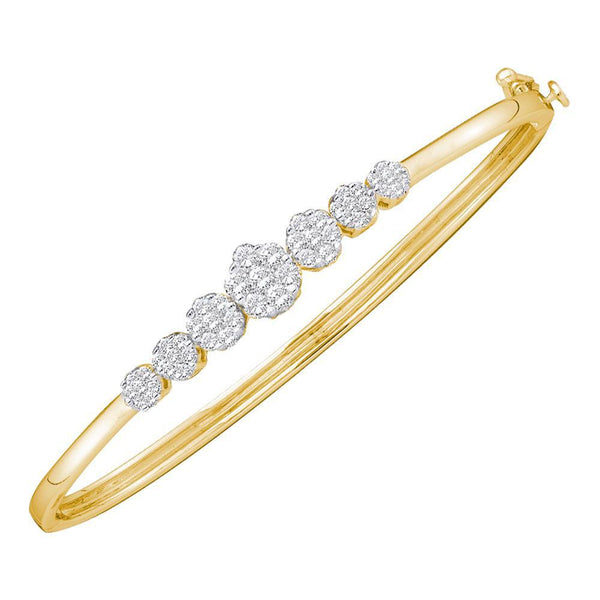 14K Yellow Gold Diamond Flower Cluster Bangle Bracelet 1.00 Cttw
