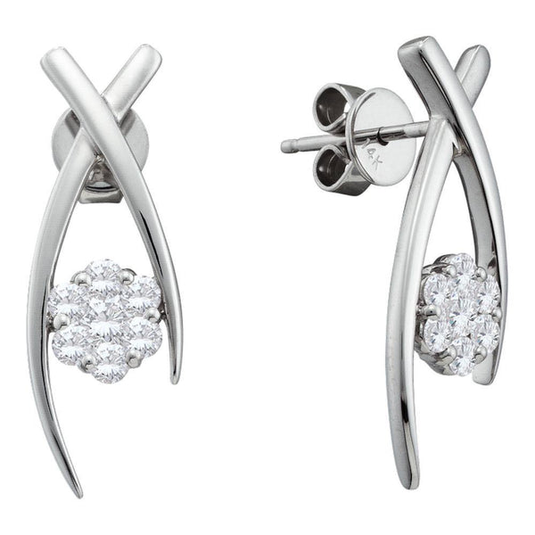 14K White Gold Round Diamond Flower Cluster Screwback Stud Earrings 1/2 Cttw - Gold Americas