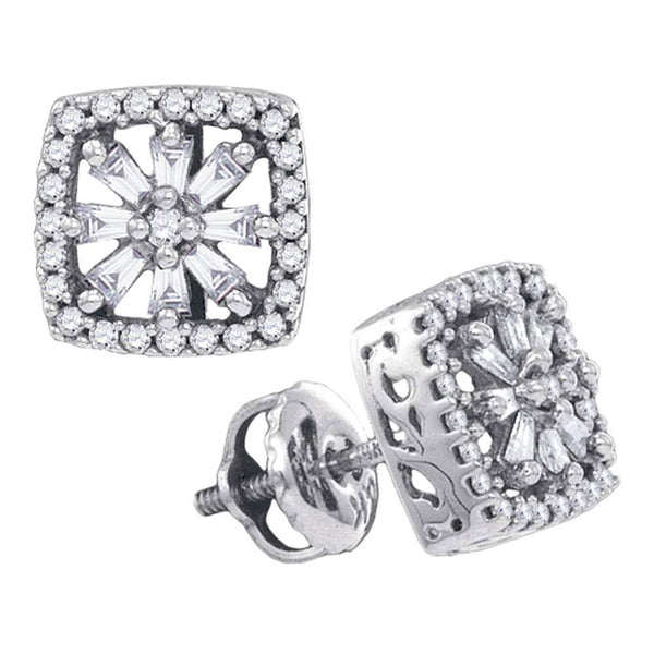 14K White Gold Baguette Round Diamond Square Stud Earrings 1/3 Cttw - Gold Americas