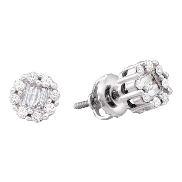 14K White Gold Round Baguette Diamond Cluster Screwback Stud Earrings 1/4 Cttw - Gold Americas
