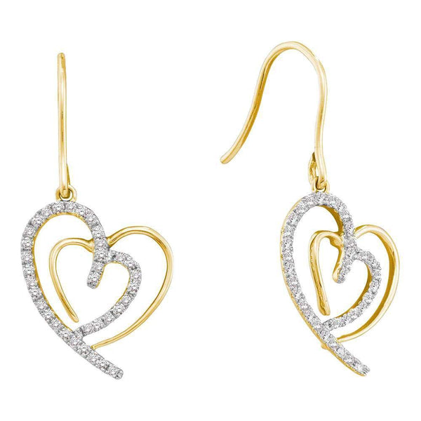 10K Yellow Gold Round Diamond Heart Dangle Wire Earrings 3/8 Cttw - Gold Americas