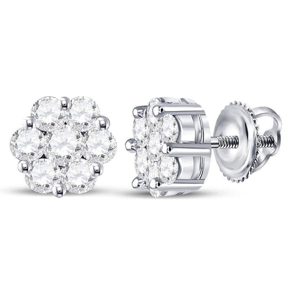 14K White Gold Round Diamond Flower Cluster Earrings 3/4 Cttw - Gold Americas