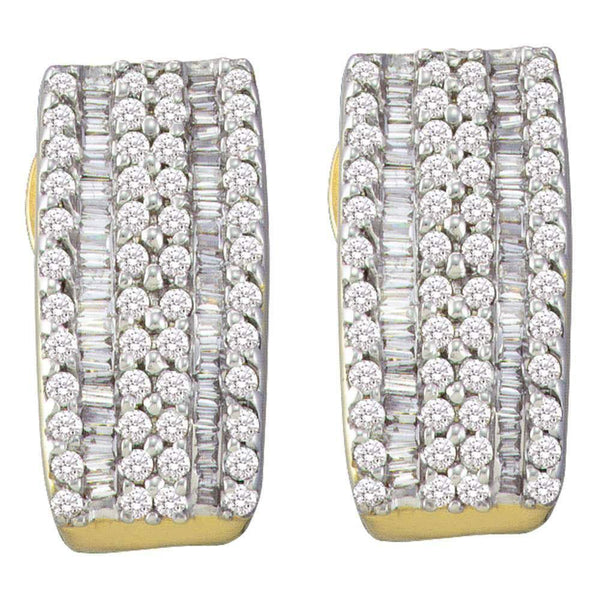 14K Yellow Gold Round Baguette Diamond Vertical Stripe Hoop Earrings 7/8 Cttw - Gold Americas