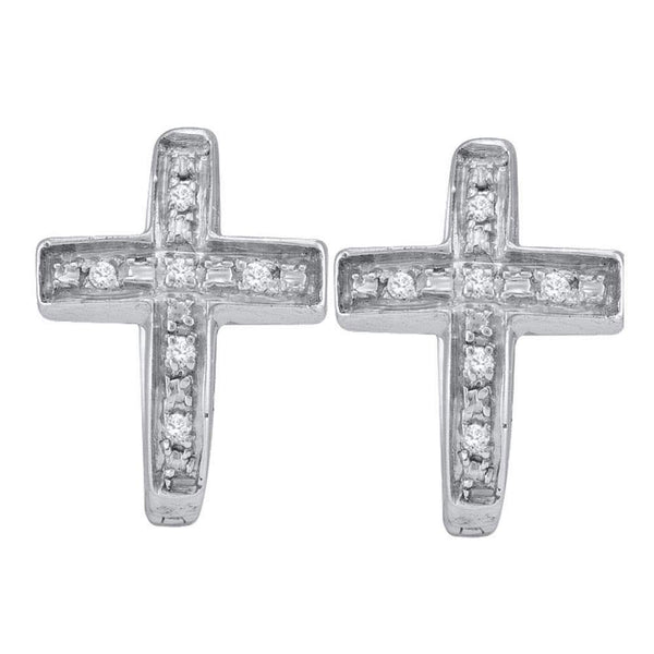 Sterling Silver Round Diamond Cross Faith Huggie Hoop Earrings 1/20 Cttw - Gold Americas
