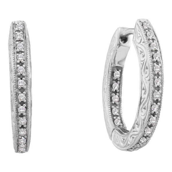 14K White Gold Round Diamond Inside Outside Filigree Hoop Earrings 1/4 Cttw - Gold Americas