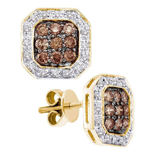 14K Yellow Gold Round Cognac-brown Color Enhanced Diamond Square Cluster Screwback Earrings 3/4 Cttw - Gold Americas