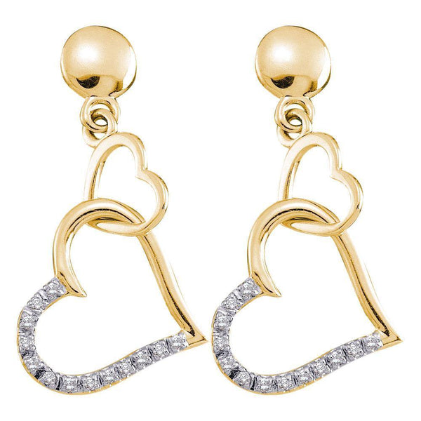 14K Yellow Gold Round Diamond Linked Hearts Dangle Screwback Earrings 1/10 Cttw - Gold Americas