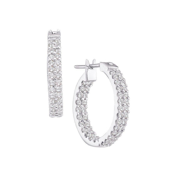 14K White Gold Round Diamond Inside Outside Double Row Hoop Earrings 1.00 Cttw - Gold Americas