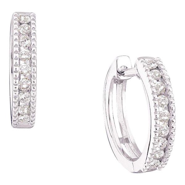 14k White Gold Round Channel-set Diamond Small Hoop Milgrain-accent Earrings 1/4 Cttw - Gold Americas