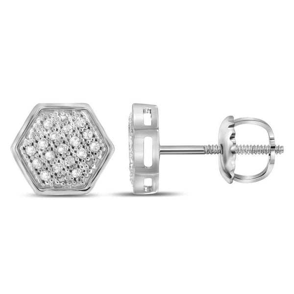 10K White Gold Mens Round Diamond Hexagon Cluster Stud Earrings 1/10 Cttw - Gold Americas