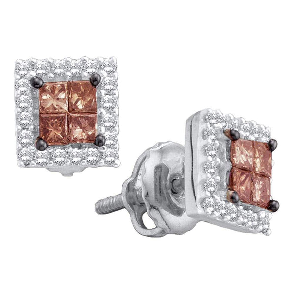 14K White Gold Princess Brown Color Enhanced Diamond Stud Earrings 1/3 Cttw - Gold Americas