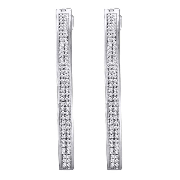 10K White Gold Round Pave-set Diamond Slender Double Row Hoop Earrings 1/2 Cttw - Gold Americas