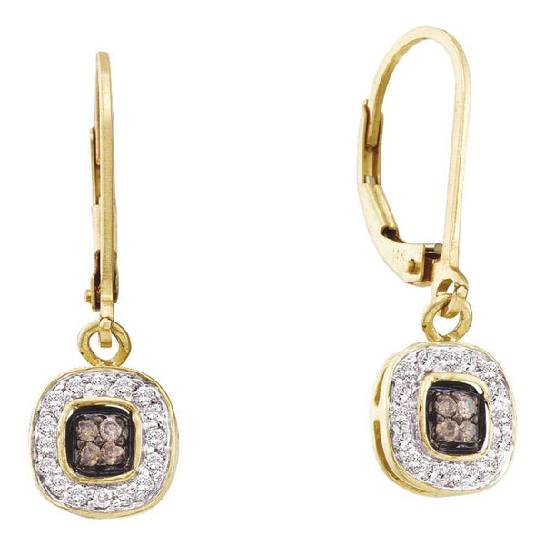 14K Yellow Gold Round Cognac-brown Color Enhanced Diamond Square Cluster Dangle Earrings 1/4 Cttw - Gold Americas