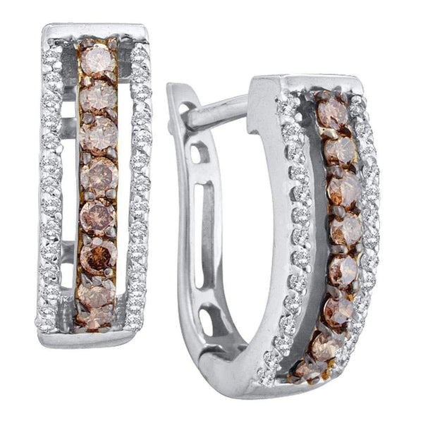 14K White Gold Round Cognac-brown Color Enhanced Diamond Triple Row Huggie Earrings 1/2 Cttw - Gold Americas