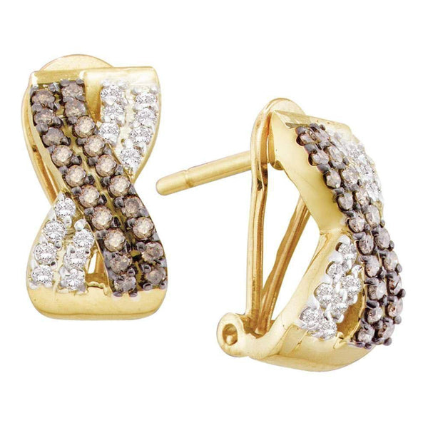 14K Yellow Gold Round Brown Color Enhanced Diamond Crossover Hoop Earrings 1/2 Cttw - Gold Americas
