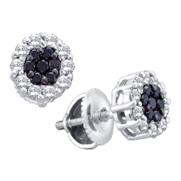 14K White Gold Round Black Color Enhanced Diamond Flower Cluster Earrings 1.00 Cttw - Gold Americas