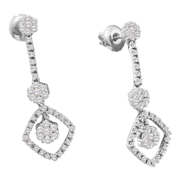 14K White Gold Round Diamond Flower Cluster Dangle Screwback Earrings 3/4 Cttw - Gold Americas