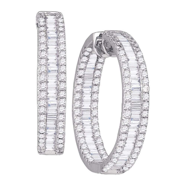 14K White Gold Baguette Round Diamond Inside Outside Hoop Earrings 3-1/3 Cttw - Gold Americas