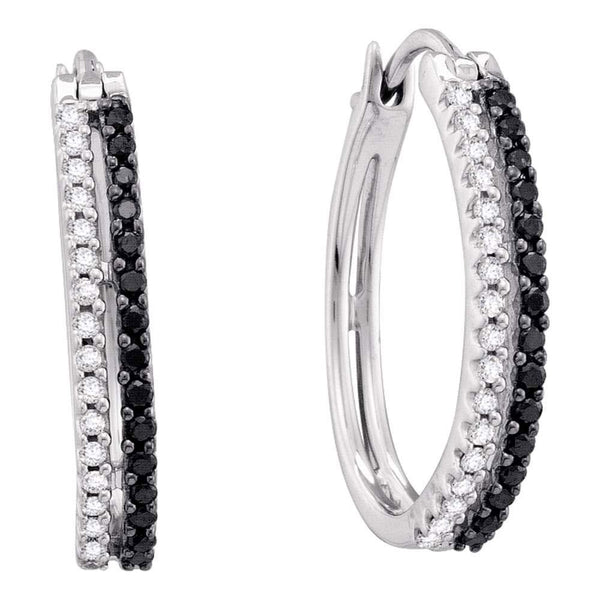 14K White Gold Round Black Color Enhanced Diamond Double Row Striped Hoop Earrings 1/2 Cttw - Gold Americas