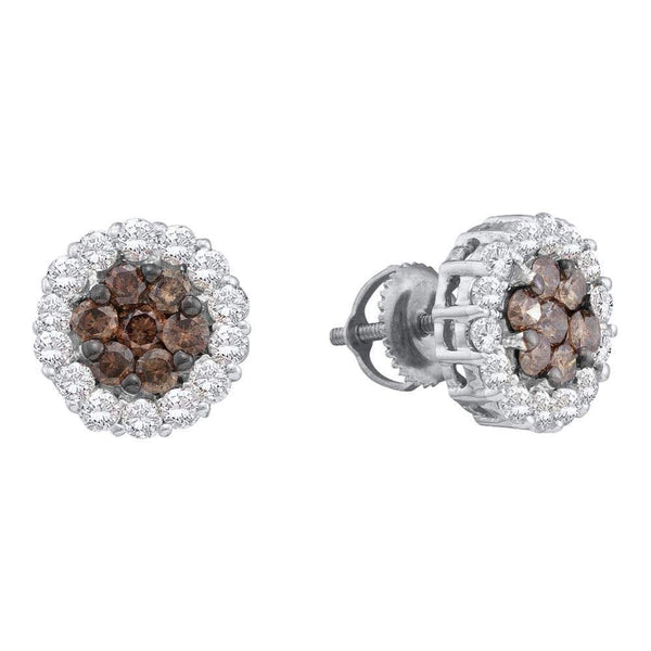14K White Gold Round Color Enhanced Brown Diamond Flower Cluster Earrings 1-1/2 Cttw - Gold Americas